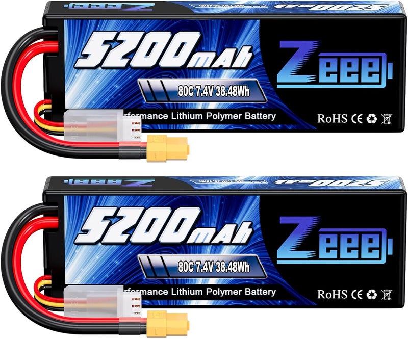 Zeee 2S 5200mAh Lipo Battery 7.4V 80C Battery with XT60 Plug Hard Case for 1/8 1/10 RC Vehicles Car Slash RC Buggy Truggy Airplane UAV Drone(2 Packs) - Image 1